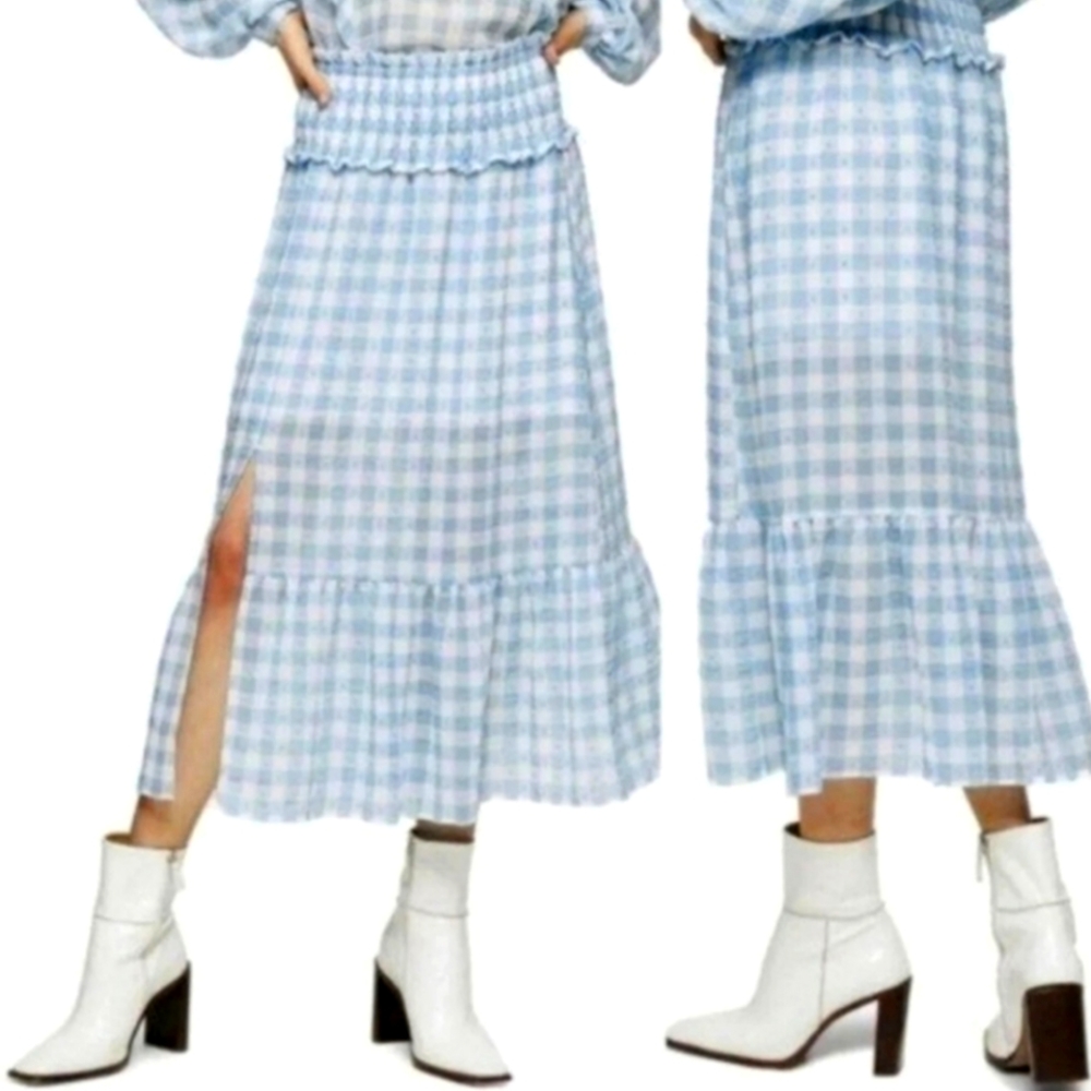 NWT Topshop Blue White Gingham Check Tier Ruffle Hem Swiss Dot Midi Skirt Sz 10